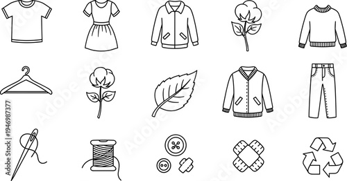 Collection of simple line art icons representing clothing, sewing, and sustainability concepts
