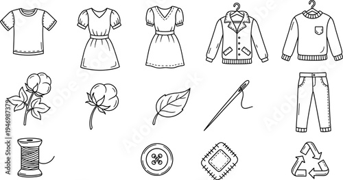 Collection of hand-drawn clothing items and sewing supplies with a natural theme