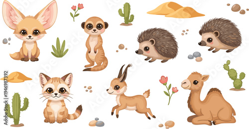 Cute Desert Animals Cartoon Vector Set with Fennec Fox Meerkat Hedgehog Camel Wild Cat Antelope and Cactus Illustration Collection