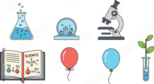 Science Lab Essentials Collection with Beaker, Microscope, Science Book, Test Tube, Balloons, and Plant, Perfect for Educational and STEM Designs
