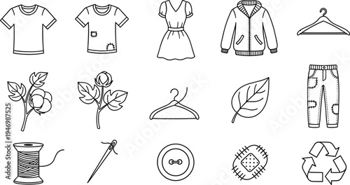 Collection of clothing and textile icons representing sustainable fashion and natural materials