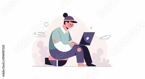 Stylized person with glasses and cap uses a laptop, seated