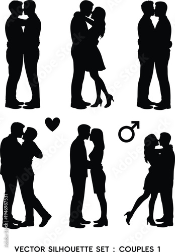 Vector silhouette set of diverse couples in love embracing and kissing, romantic relationship concepts for valentines day wedding and anniversary