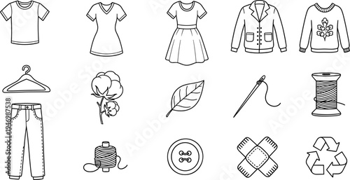 Collection of hand-drawn icons representing clothing, sewing, and sustainable fashion elements