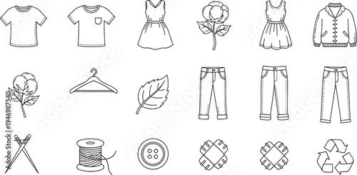 Collection of simple line art icons representing clothing and sewing elements