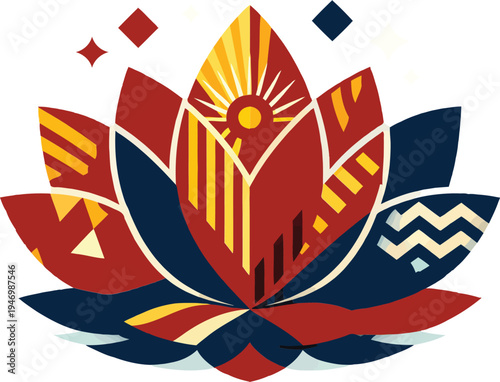 Vibrant stylized lotus flower illustration with intricate geometric patterns and a radiant sun motif, symbolizing growth, spiritual purity, and modern artistic design