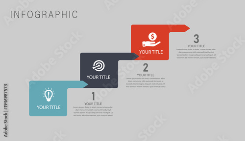 Modern Three Step Business Infographic Template for Workflow Process, Marketing Strategy Presentation and Data Visualization Design
