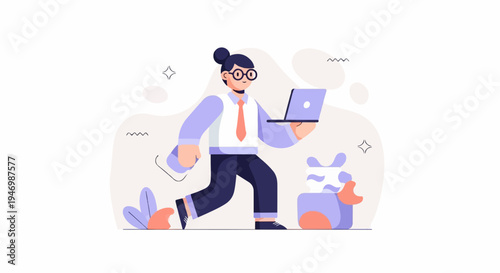 A person in business attire walks while holding a laptop and a package