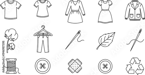 Collection of clothing and sewing icons, representing fashion and textile industry elements