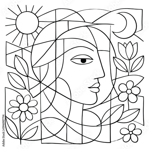A woman's face is illustrated in a geometric floral pattern with sun and moon.