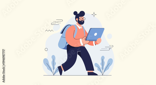 Stylized man with backpack and laptop walks, digital nomad theme