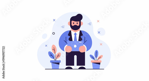 A stylized businessman in a suit holds a laptop, flanked by potted plants and abstract shapes