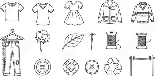 Collection of clothing items and sewing supplies in a simple line art style