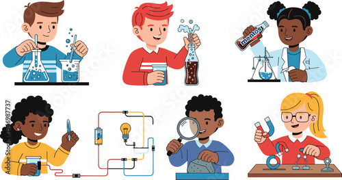 Children Conducting Fun Science Experiments with Beakers, Chemicals, Circuits, and Magnifying Glasses, Ideal for Educational and STEM Designs