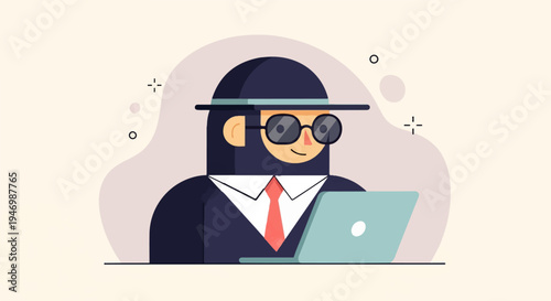 A stylized figure in a suit and hat, wearing glasses, types on a laptop