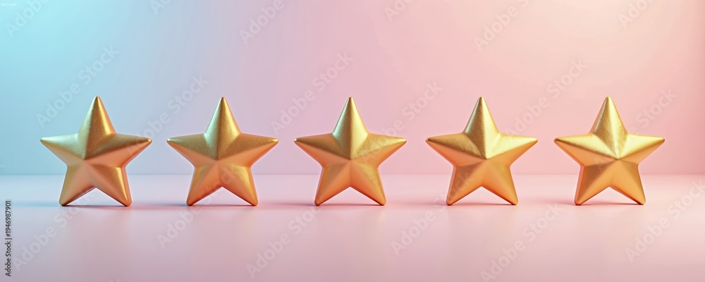 Fototapeta premium Five golden stars are displayed in a row on a pink background. This symbol represents top ratings, excellence, and high quality standards. Its perfect for representing success achievements.
