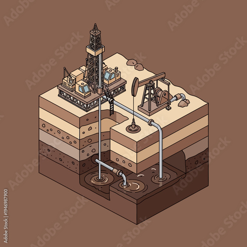 Isometric illustration of an oil extraction process, showing drilling and pumping operations.