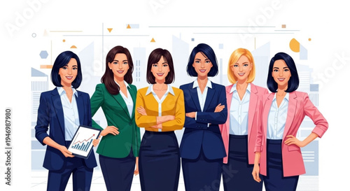 Six diverse businesswomen in professional attire standing confidently together in a modern office setting with a blurred background