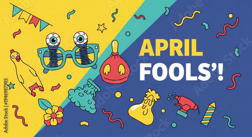 Colorful april fools' day celebration graphic with party elements and prank items on yellow and blue background