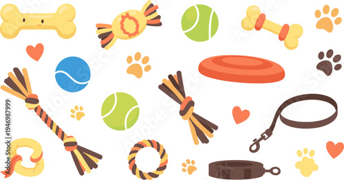 Cute Dog Toys and Pet Accessories Vector Set with Bone Rope Ball Frisbee Collar Paw Prints and Treats Cartoon Pet Care Illustration