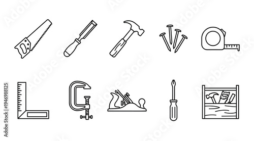 A collection of simple black and white line art icons depicting various carpentry and woodworking tools, perfect for design and construction themes.