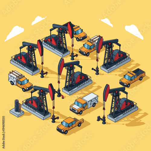 Isometric illustration of oil derricks and service vehicles in a desert landscape.