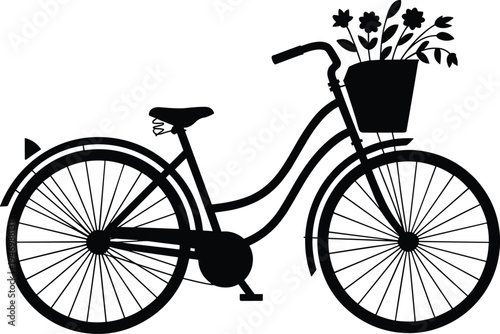 Vintage bicycle silhouette with flower basket, retro cruiser bike vector icon, isolated black garden transport element on white background