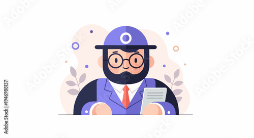 Animated character in purple suit with hat and glasses holds paper