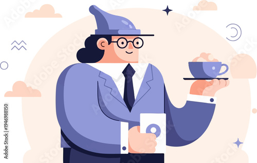 Stylized person in a suit offering a cup of coffee