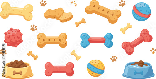 Cute Dog Toys and Pet Treats Vector Set with Bones Balls Paw Prints Food Bowls and Puppy Play Accessories Illustration