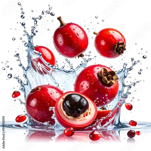 A vibrant splash showcases plump, red fruits and water droplets, suggesting freshness and a delicious, juicy quality