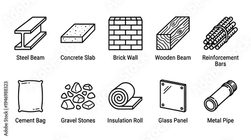 A clean, minimalist set of line art icons representing various construction materials like steel beams, bricks, wood, cement, and insulation. Ideal for websites, presentations.