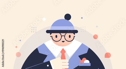 A friendly cartoon character with glasses and a hat, dressed in a suit