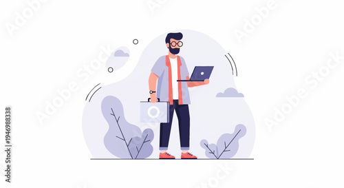 A man in glasses holds a laptop, carrying a briefcase, with abstract shapes and plants