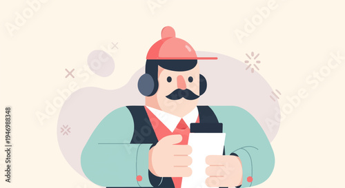 A man with a mustache and cap holds a cup and wears headphones