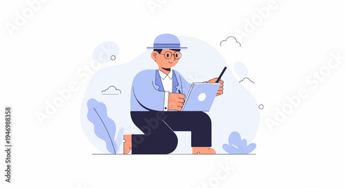 A person in a hat and glasses kneels with a laptop and stylus in a stylized outdoor setting