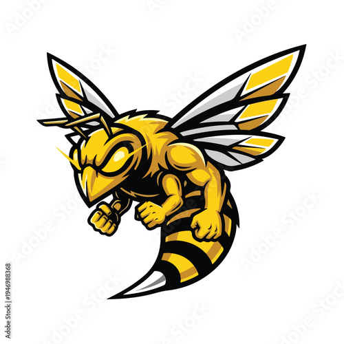 A cartoon angry bee esport mascot with yellow and black stripes and a menacing expression flies forward with its fists clenched