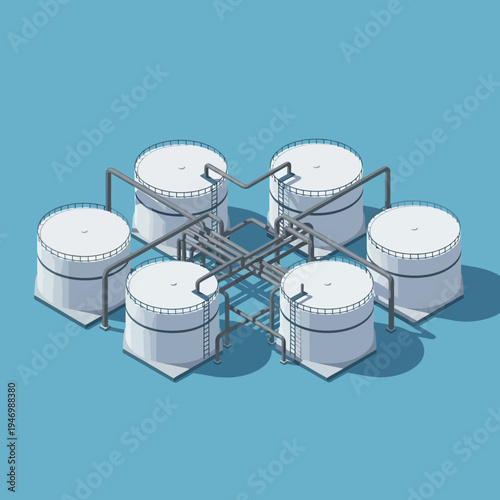 Isometric illustration of industrial oil storage tanks connected by pipelines and infrastructure.