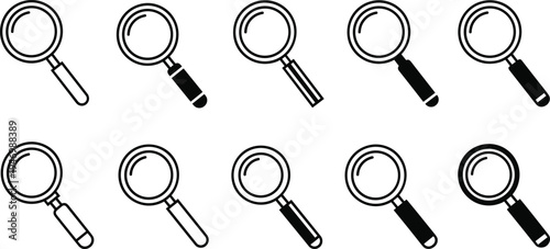 Magnifying glass search icon set with different handle styles, outline inspection and zoom symbols for research, investigation and user interface design