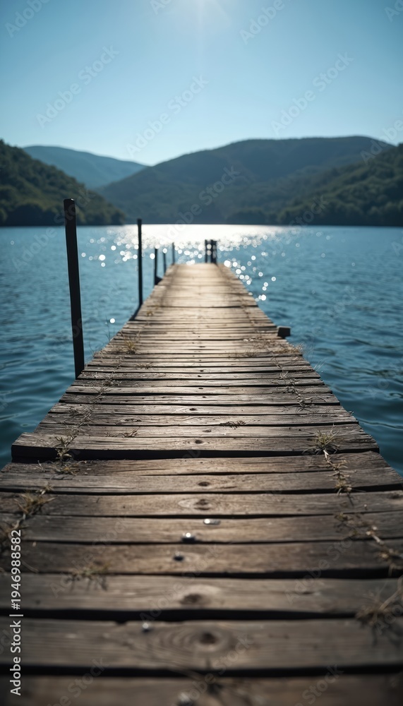 Fototapeta premium Wooden pier extends over calm blue water towards distant green hills under bright sunlight. Natural landscape offers peaceful serene atmosphere for relaxation, outdoor activities. Sunny day on lake.