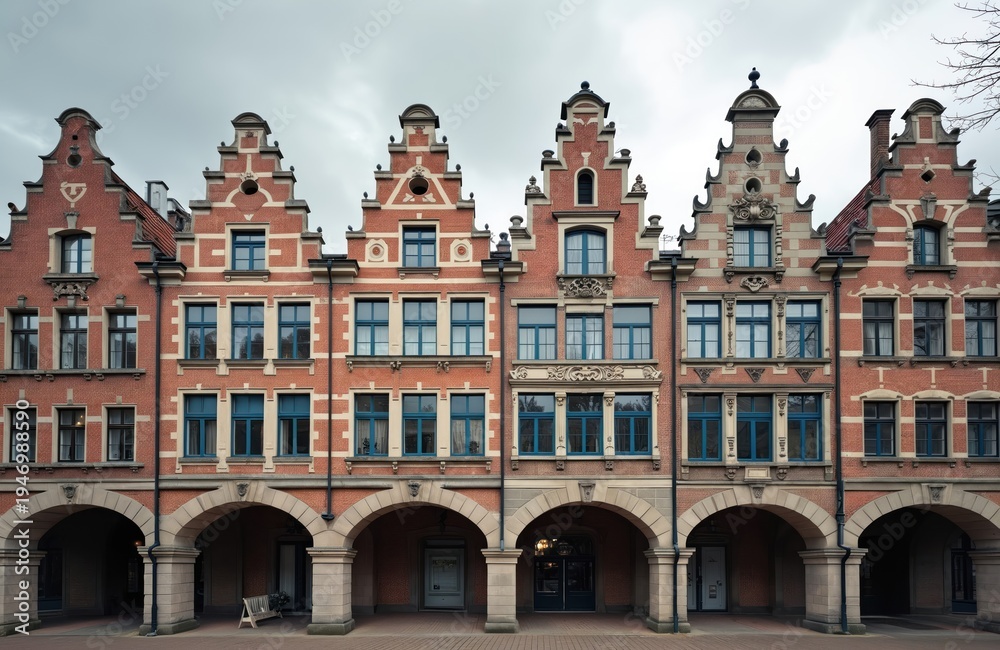 Fototapeta premium Row of historic brick houses with stepped gables and arched walkways. Buildings have ornate facades, brick patterns, and blue framed windows. Architectural style is typical for Northern Europe.