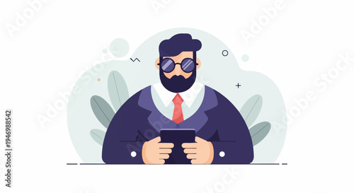 Bearded man in suit and glasses looking at tablet