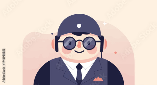 A stylized, friendly, round-faced character in a suit and cap