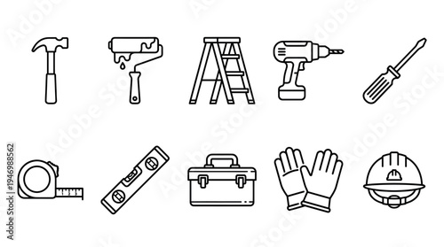 A clean, black and white line art collection of essential construction and renovation tools, perfect for DIY projects and professional use.