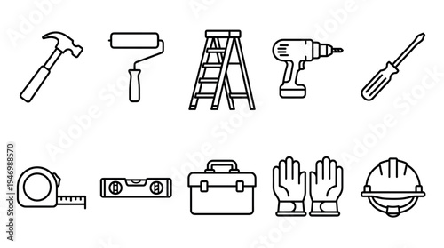 A clean line art illustration of various essential home repair and construction tools, including a hammer, paint roller, ladder, drill, and safety gear.