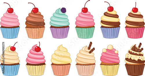 Colorful cupcake dessert vector illustration set with frosting, cherry and chocolate toppings, sweet bakery treat collection for party and celebration design