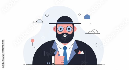 Cartoon man in hat, glasses, and suit gives thumbs up