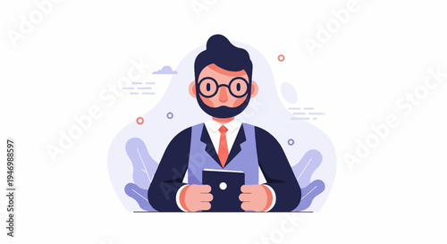 Animated businessman with glasses and beard holds a tablet