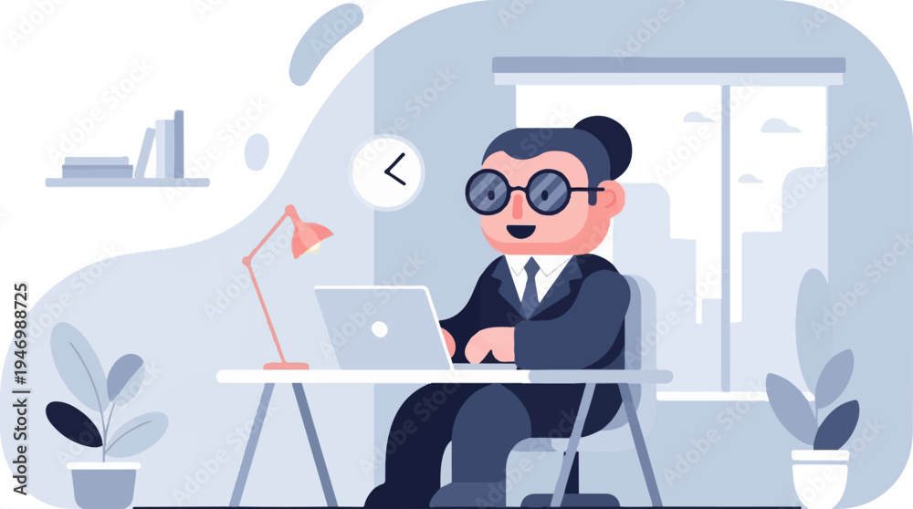 Naklejka premium Cheerful person working on a laptop at a desk in an office