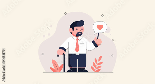 Cheerful man with a cane holding a heart speech bubble
